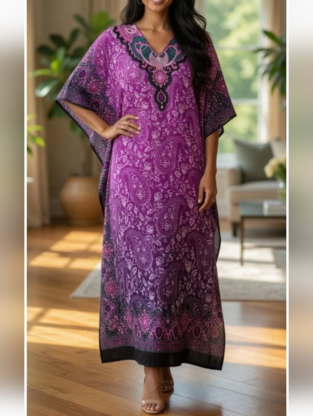 Miss Lavish Full Length House Gown Purple Paisley NAP Dress Boho Kaftan 14 18